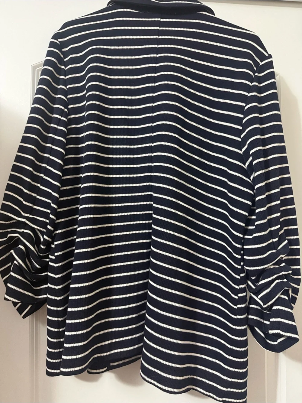 Striped Open-Front Navy and White Knit Blazer by Skies are Blue